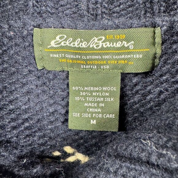 Eddie Bauer Sweater Mens Medium Merino Wool Christmas Snowflake Shawl Neck Silk - Picture 7 of 11